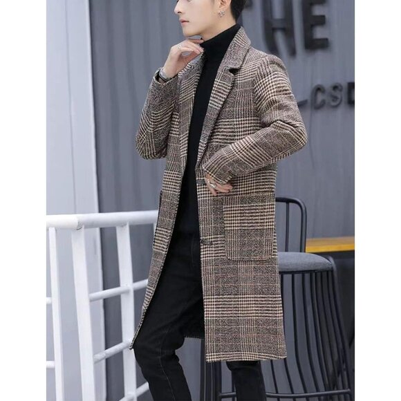 Men's Khaki Wool Blend Pea Coat Notched Collar Single Breasted Overcoat - Picture 6 of 8